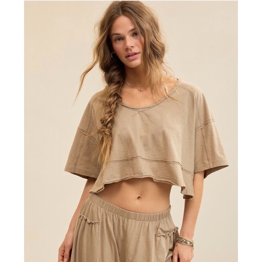 NEW Aerie womens XS S M L Happiest Cropped V Neck T-Shirt top tan toasted almond